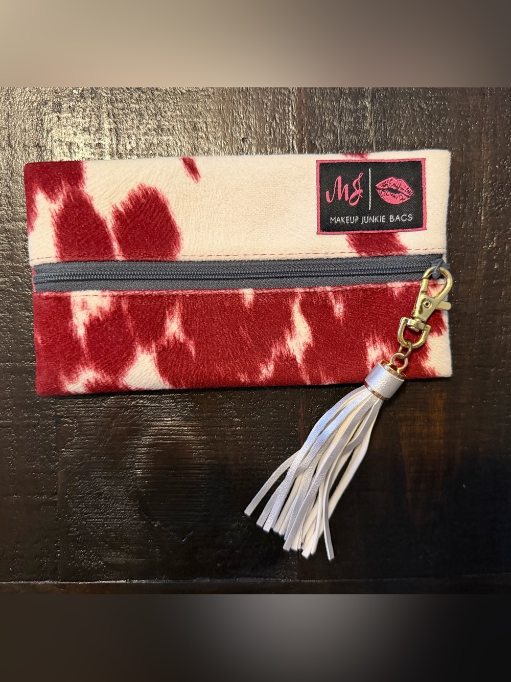 Makeup Junkie- Mini Maroon & White Cowhide Zip Pouch with Tassel